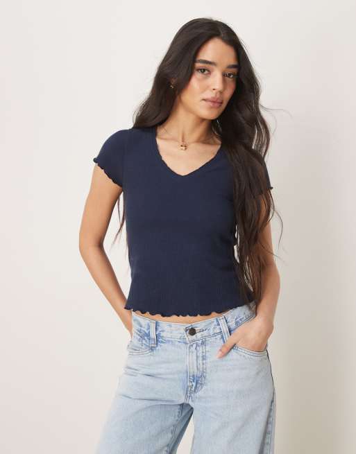ASOS DESIGN – Granatowy T-shirt o waflowej strukturze z dekoltem w kształcie litery V i wykończeniem ze szwem overlock