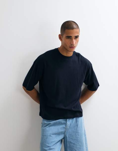 ASOS DESIGN – Granatowy T-shirt oversize o pudełkowym kroju z domieszką lnu - view 1