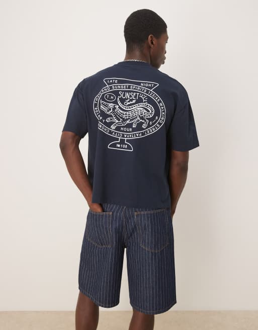 ASOS DESIGN – Granatowy T-shirt oversize o pudełkowym kroju z grafiką z motywem miasta na plecach