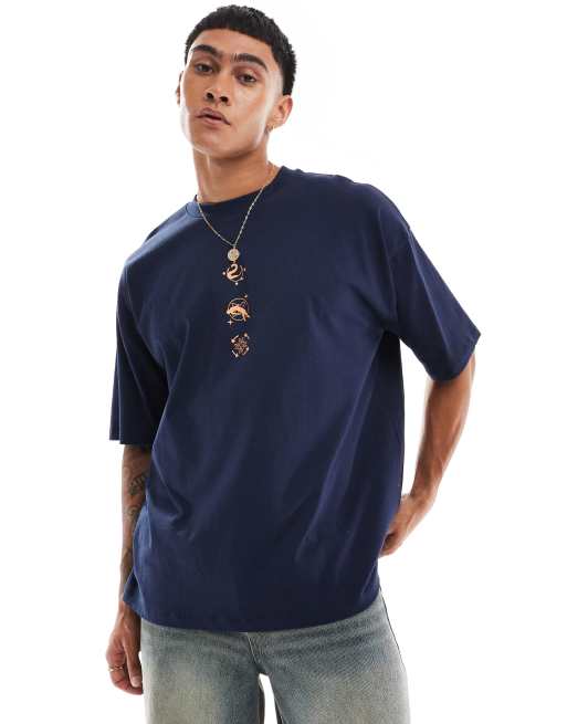 ASOS DESIGN – Granatowy T-shirt oversize z astronomicznym nadrukiem z przodu