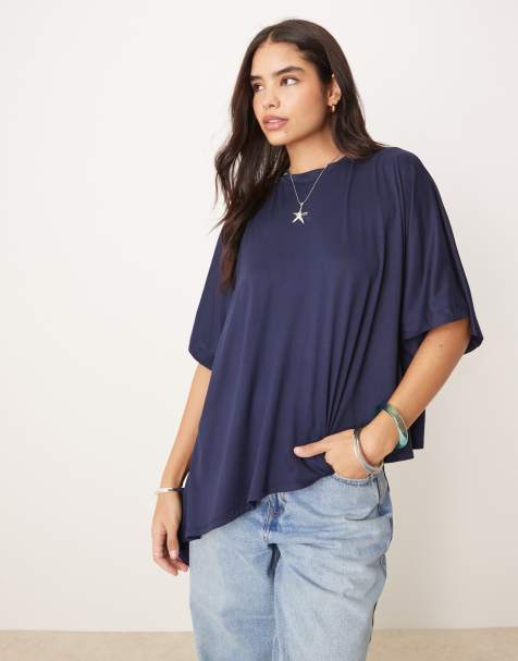 ASOS DESIGN – Granatowy T-shirt oversize z drapowanym dołem - view 1
