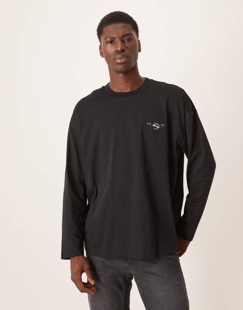 ASOS DESIGN – Granatowy T-shirt oversize z długim rękawem i nadrukiem na piersi - view 1