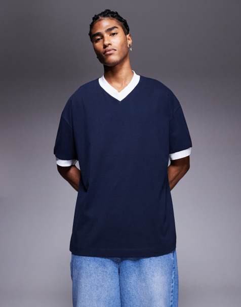 ASOS DESIGN – Granatowy T-shirt oversize z kontrastowym wykończeniem i dekoltem w kształcie litery V - view 1