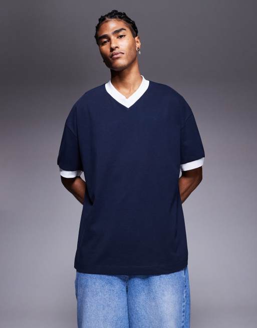 ASOS DESIGN – Granatowy T-shirt oversize z kontrastowym wykończeniem i dekoltem w kształcie litery V