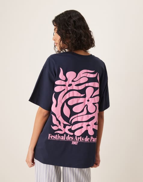 ASOS DESIGN – Granatowy T-shirt oversize z kwiatowym nadrukiem na plecach - view 1