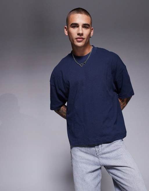 ASOS DESIGN – Granatowy T-shirt oversize z materiału z dodatkiem lnu z obniżoną linią ramion