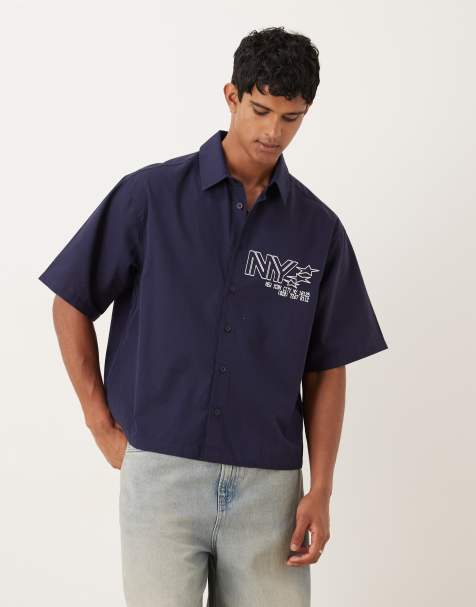 ASOS DESIGN oversized shirt with print detail in navy