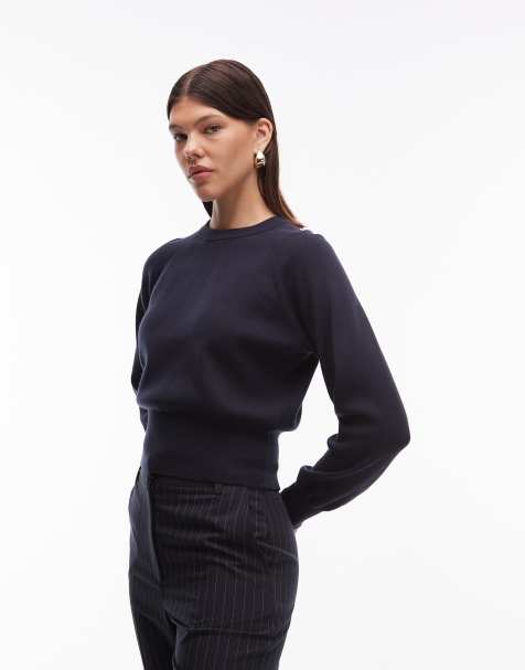 ASOS DESIGN knitted crew neck jumper with waisted detail in navy
