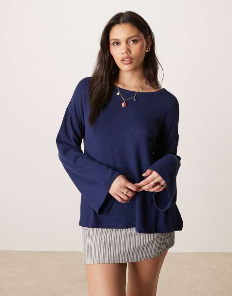 ASOS DESIGN textured knit hanky hem long sleeve tee in navy
