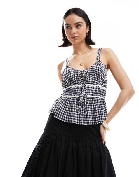 ASOS DESIGN milkmaid top in gingham with ricrac trims in navy gingham