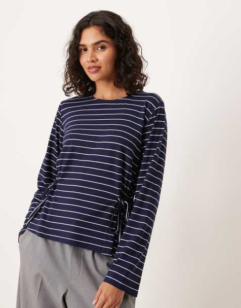 ASOS DESIGN long sleeve stripe tie side cinched detail top in navy