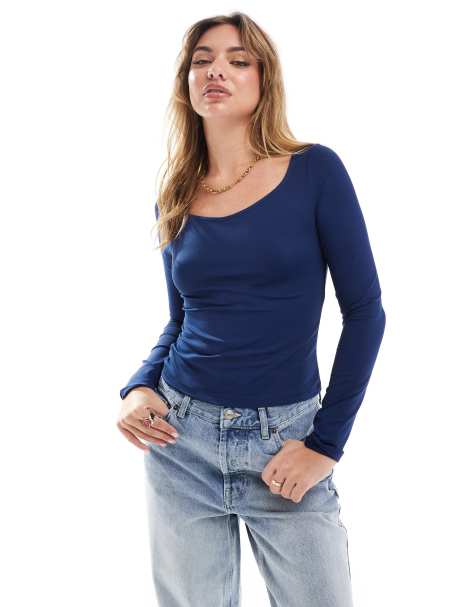 ASOS DESIGN – Granatowy top z długimi rękawami - view 1