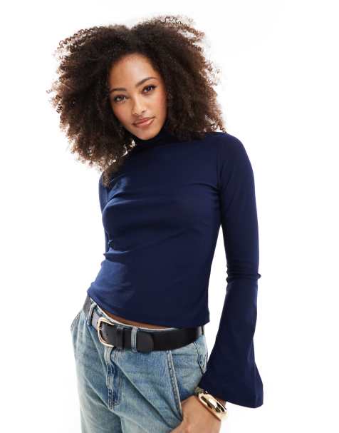 ASOS DESIGN flute sleeve roll neck top in navy