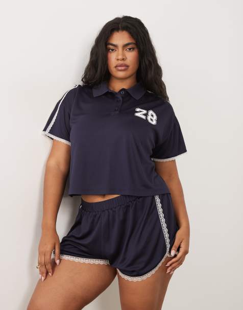 ASOS DESIGN – Granatowy trykotowy top sportowy z kołnierzykiem polo i koronką, część zestawu - view 1