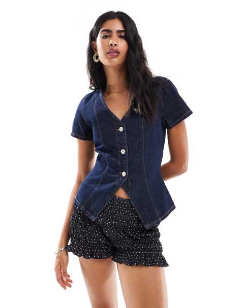 ASOS DESIGN denim button up top with v neck and half sleeve in rinse wash