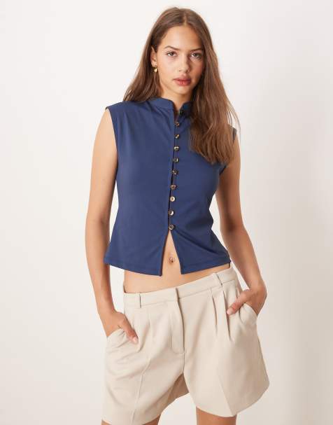 ASOS DESIGN – Granatowy zapinany na guziki top z rękawkami za ramiona z poliamidu - view 1