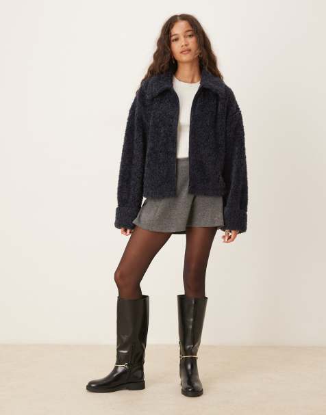 ASOS DESIGN chenille borg zip through fleece in navy