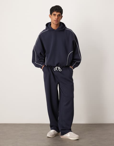 ASOS DESIGN – Granatowy zestaw z lamówkami z szerokimi joggersami i bluzą z kapturem - view 1