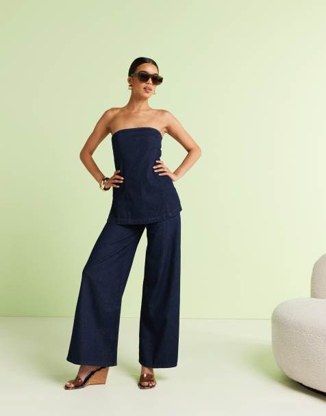 ASOS DESIGN – Granatowy zestaw z miękkiego jeansu: spodnie palazzo i top z dekoltem bandeau - view 1
