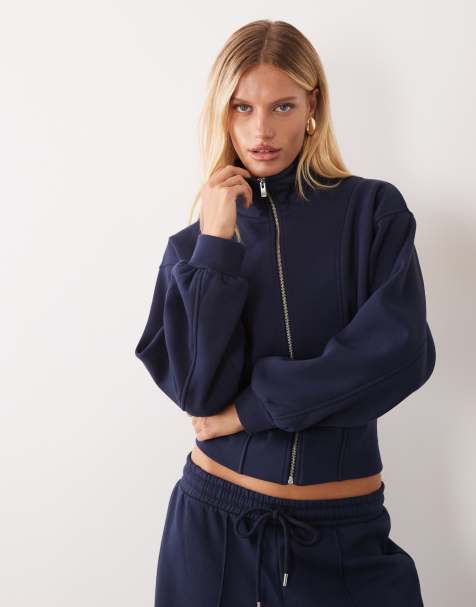 ASOS DESIGN – Granatowy zestaw z topem zapinanym z przodu na zamek i zabudowanym kołnierzem - view 1