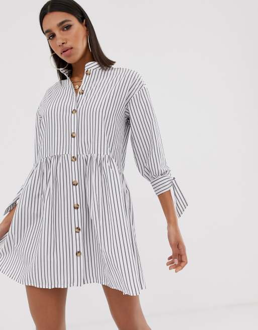 Asos design mini v neck 2024 button through smock dress in stripe