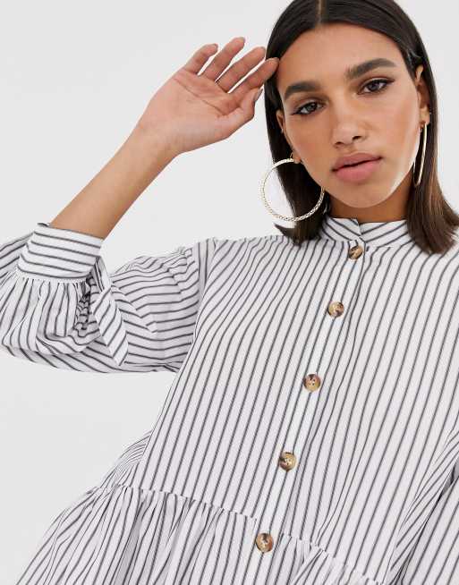 Asos design mini v neck button through smock dress in clearance stripe