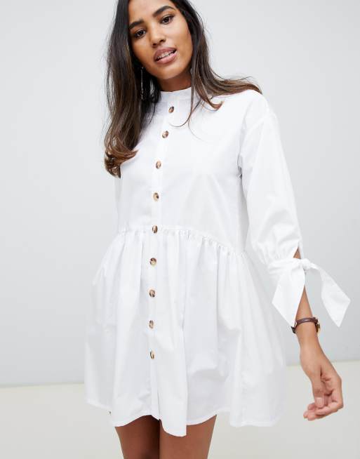 Women Pure white Grandfather Collar Cotton Midi Dress