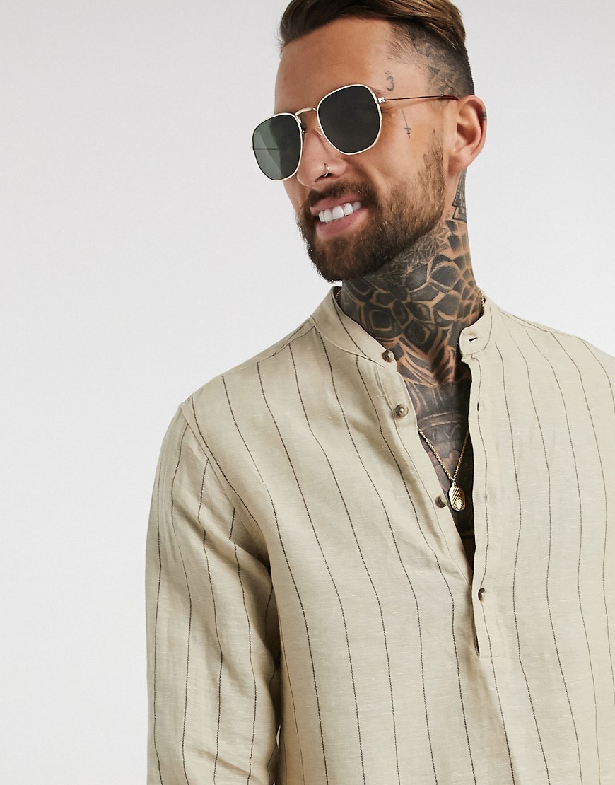 ASOS DESIGN grandad regular shirt in linen beige fine stripe-Neutral