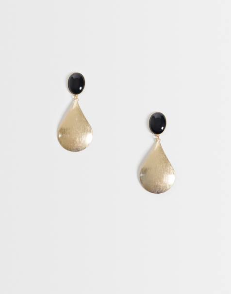 ASOS DESIGN grandes boucles d'oreilles à clous noires avec pendentif finition dorée brossée - view 1