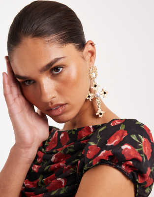 ASOS DESIGN - Grandes boucles d'oreilles croix avec pierres et fausses perles - Doré