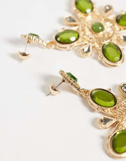 ASOS DESIGN grandes boucles d’oreilles pendantes avec pierres vertes en ton or, 4 de 4