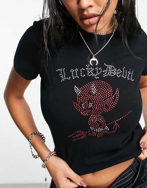 ASOS DESIGN graphic baby tee with lucky devil hot fix in black, 2 of 4
