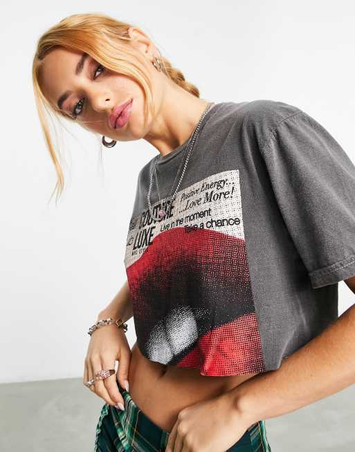 ASOS DESIGN graphic boxy crop tee with cut off lips in washed charcoal