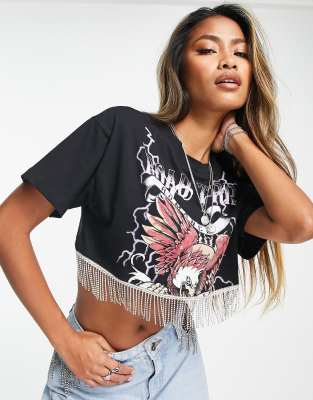 ASOS DESIGN graphic boxy cropped rock t-shirt with road trip and romance and diamante fringe hem in black