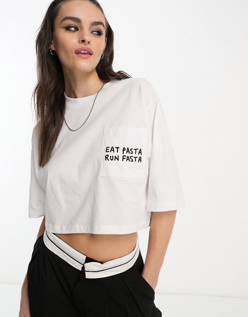 ASOS DESIGN graphic boxy cropped tee with eat pasta run fasta embroidery in white