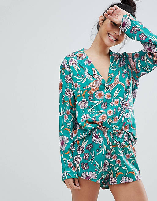 ASOS DESIGN Graphic Floral 100% Modal Traditional Shirt & Short Pyjama Set