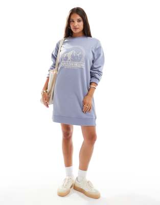 asos design graphic mini sweatshirt dress in washed baby blue