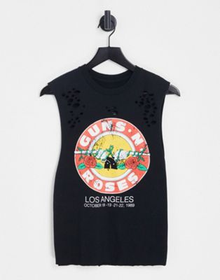ASOS DESIGN nibbled vest with guns and roses license graphic in black