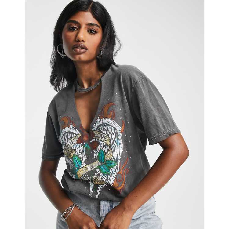 ASOS Design Graphic Oversized Rock T-Shirt with True Love V Cut Out in Washed charcoal-Gray