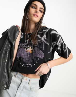 Asos Design Graphic Oversized Rock Tee With Lightning In Washed Black