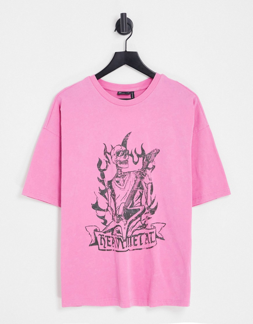 ASOS DESIGN graphic rock oversized T-shirt with Heavy Metal skeleton in pink