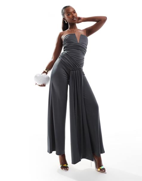 ASOS DESIGN - Gråt bandeau-jumpsuit med vide ben og bindebåndsdetalje - view 1