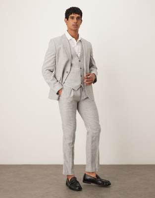 ASOS DESIGN - Gråt slim-jakkesæt i hør-/bomuldsblanding med sildebensmønster - view 1