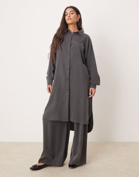 ASOS DESIGN - Gråt sæt med longline skjorte og bukser med plisserede og brede ben og bindebånd - view 1