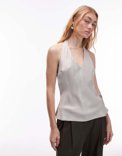 ASOS DESIGN – Grått linne i satin med djup ringning och halterneck - view 1