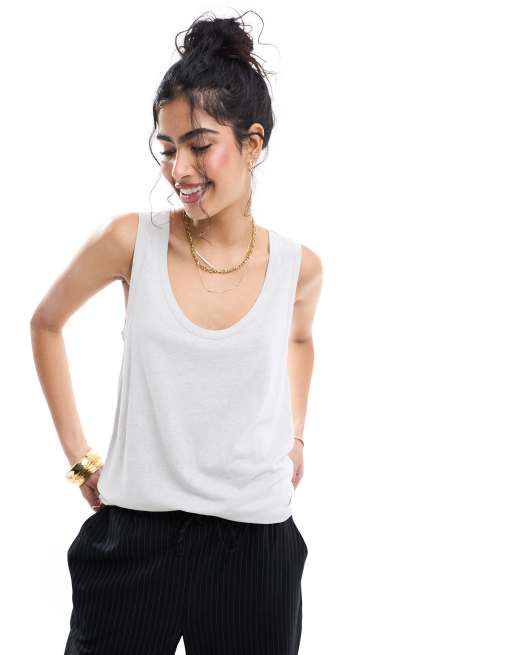 ASOS DESIGN – Grått linne med djup halsringning i linnelook
