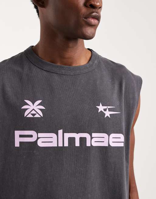 ASOS DESIGN – Grått, tvättat, kraftigt linne i oversize med "Palmae"tryck, 4 av 5