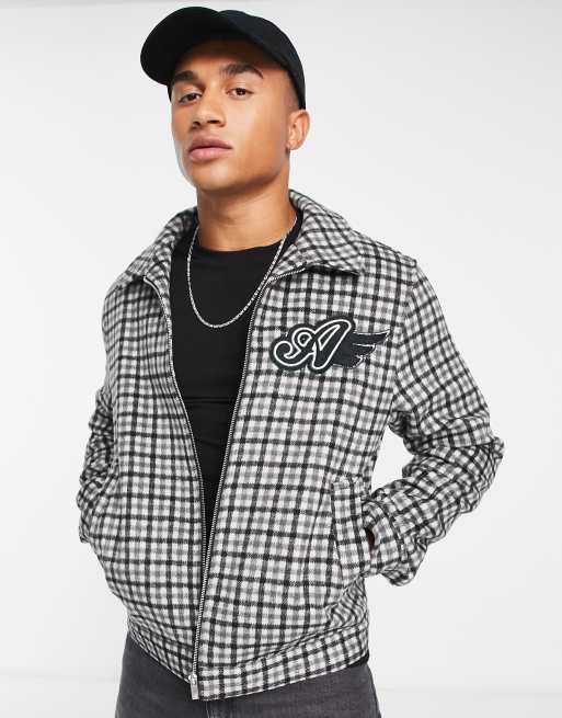 ASOS DESIGN – Grau karierte Harrington-Jacke aus Wolle