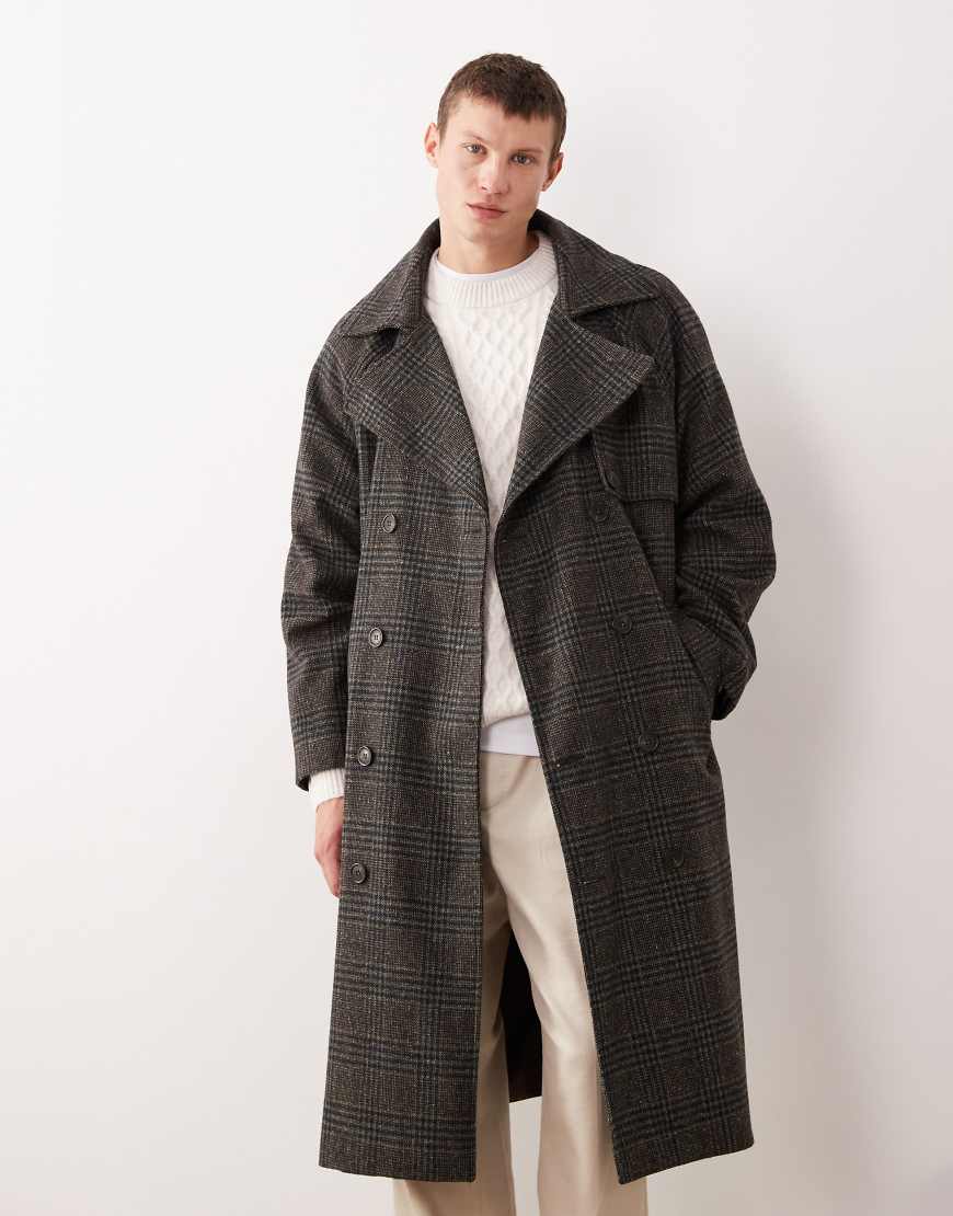Grau karierter Trenchcoat in Wolloptik Grau L