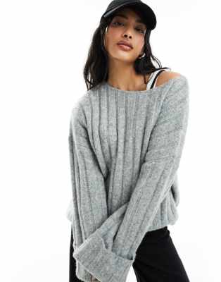 ASOS DESIGN - Grauer Oversize-Pullover aus Rippstrick mit U-Ausschnitt und umgeschlagenen Bündchen